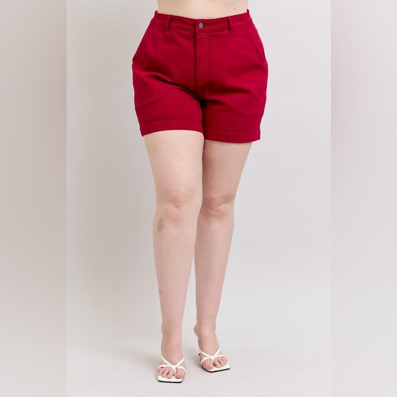 Judy Blue Pants - Judy Blue Plus Size Red High Waist Tummy Control Heart Shaped Denim Shorts